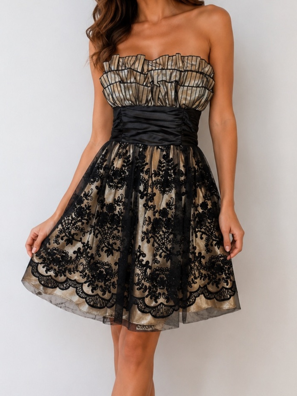 Vintage Roberta Strapless Lace Cocktail Dress Black Gold NWT Size 7/8